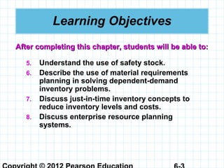 Learning Objectives
5. Understand the use of safety stock.
6. Describe the use of material requirements
planning in solving dependent-demand
inventory problems.
7. Discuss just-in-time inventory concepts to
reduce inventory levels and costs.
8. Discuss enterprise resource planning
systems.
After completing this chapter, students will be able to:After completing this chapter, students will be able to:
 