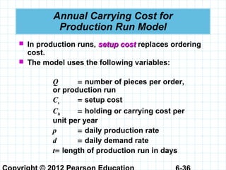 Annual Carrying Cost for
Production Run Model
 In production runs, setup costsetup cost replaces ordering
cost.
 The model uses the following variables:
Q = number of pieces per order,
or production run
Cs = setup cost
Ch = holding or carrying cost per
unit per year
p = daily production rate
d = daily demand rate
t= length of production run in days
 