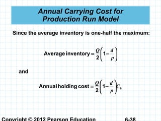 Annual Carrying Cost for
Production Run Model
Since the average inventory is one-half the maximum:






−=
p
dQ
1
2
inventoryAverage
and
hC
p
dQ






−= 1
2
costholdingAnnual
 