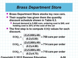 Brass Department Store
 Brass Department Store stocks toy race cars.
 Their supplier has given them the quantity
discount schedule shown in Table 6.3.
 Annual demand is 5,000 cars, ordering cost is $49, and
holding cost is 20% of the cost of the car
 The first step is to compute EOQ values for each
discount.
orderpercars700
00520
4900052
1 ==
).)(.(
))(,)((
EOQ
orderpercars714
80420
4900052
2 ==
).)(.(
))(,)((
EOQ
orderpercars718
75420
4900052
3 ==
).)(.(
))(,)((
EOQ
 