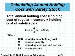 Calculating Annual Holding
Cost with Safety Stock
Total annual holding cost = holding
cost of regular inventory + holding
cost of safety stock
Where:
THC = total annual holding cost
Q = order quantity
Ch = holding cost per unit per year
SS = safety stock
 