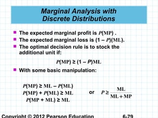 Marginal Analysis with
Discrete Distributions
 The expected marginal profit is P(MP) .
 The expected marginal loss is (1 – P)(ML).
 The optimal decision rule is to stock the
additional unit if:
P(MP) ≥ (1 – P)ML
 With some basic manipulation:
P(MP) ≥ ML – P(ML)
P(MP) + P(ML) ≥ ML
P(MP + ML) ≥ ML
or
MPML
ML
+
≥P
 