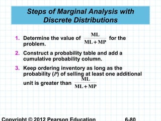 Steps of Marginal Analysis with
Discrete Distributions
1. Determine the value of for the
problem.
2. Construct a probability table and add a
cumulative probability column.
3. Keep ordering inventory as long as the
probability (P) of selling at least one additional
unit is greater than
MPML
ML
+
MPML
ML
+
 