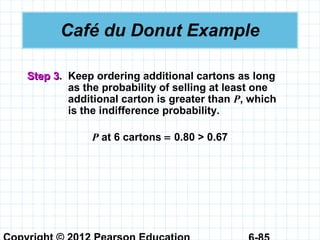 Café du Donut Example
Step 3Step 3. Keep ordering additional cartons as long
as the probability of selling at least one
additional carton is greater than P, which
is the indifference probability.
P at 6 cartons = 0.80 > 0.67
 