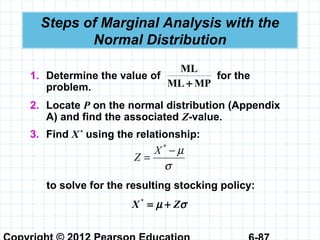 Steps of Marginal Analysis with the
Normal Distribution
1. Determine the value of for the
problem.
2. Locate P on the normal distribution (Appendix
A) and find the associated Z-value.
MPML
ML
+
to solve for the resulting stocking policy:
σµ ZX +=*
σ
µ−
=
*
X
Z
3. Find X *
using the relationship:
 