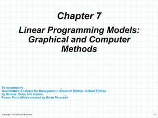 Copyright © 2012 Pearson Education 7-1
Chapter 7
To accompany
Quantitative Analysis for Management, Eleventh Edition, Global Edition
by Render, Stair, and Hanna
Power Point slides created by Brian Peterson
Linear Programming Models:
Graphical and Computer
Methods
 