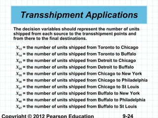9-24
Transshipment Applications
The decision variables should represent the number of units
shipped from each source to the transshipment points and
from there to the final destinations.
X13 = the number of units shipped from Toronto to Chicago
X14 = the number of units shipped from Toronto to Buffalo
X23 = the number of units shipped from Detroit to Chicago
X24 = the number of units shipped from Detroit to Buffalo
X35 = the number of units shipped from Chicago to New York
X36 = the number of units shipped from Chicago to Philadelphia
X37 = the number of units shipped from Chicago to St Louis
X45 = the number of units shipped from Buffalo to New York
X46 = the number of units shipped from Buffalo to Philadelphia
X47 = the number of units shipped from Buffalo to St Louis
 