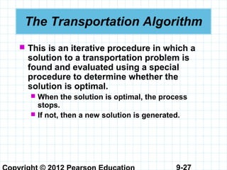 9-27
The Transportation Algorithm
 This is an iterative procedure in which a
solution to a transportation problem is
found and evaluated using a special
procedure to determine whether the
solution is optimal.
 When the solution is optimal, the process
stops.
 If not, then a new solution is generated.
 