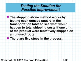 9-38
Testing the Solution for
Possible Improvement
 The stepping-stone method works by
testing each unused square in the
transportation table to see what would
happen to total shipping costs if one unit
of the product were tentatively shipped on
an unused route.
 There are five steps in the process.
 