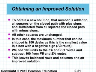 9-51
Obtaining an Improved Solution
 To obtain a new solution, that number is added to
all squares on the closed path with plus signs
and subtracted from all squares the closed path
with minus signs.
 All other squares are unchanged.
 In this case, the maximum number that can be
shipped is 100 desks as this is the smallest value
in a box with a negative sign (FB route).
 We add 100 units to the FA and EB routes and
subtract 100 from FB and EA routes.
 This leaves balanced rows and columns and an
improved solution.
 