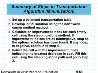 9-59
Summary of Steps in Transportation
Algorithm (Minimization)
1. Set up a balanced transportation table.
2. Develop initial solution using the northwest
corner method method.
3. Calculate an improvement index for each empty
cell using the stepping-stone method. If
improvement indices are all nonnegative, stop as
the optimal solution has been found. If any index
is negative, continue to step 4.
4. Select the cell with the improvement index
indicating the greatest decrease in cost. Fill this
cell using the stepping-stone path and go to step
3.
 