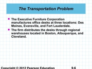 9-6
The Transportation Problem
 The Executive Furniture Corporation
manufactures office desks at three locations: Des
Moines, Evansville, and Fort Lauderdale.
 The firm distributes the desks through regional
warehouses located in Boston, Albuquerque, and
Cleveland.
 