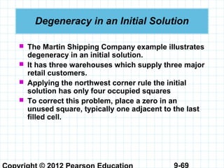 9-69
Degeneracy in an Initial Solution
 The Martin Shipping Company example illustrates
degeneracy in an initial solution.
 It has three warehouses which supply three major
retail customers.
 Applying the northwest corner rule the initial
solution has only four occupied squares
 To correct this problem, place a zero in an
unused square, typically one adjacent to the last
filled cell.
 