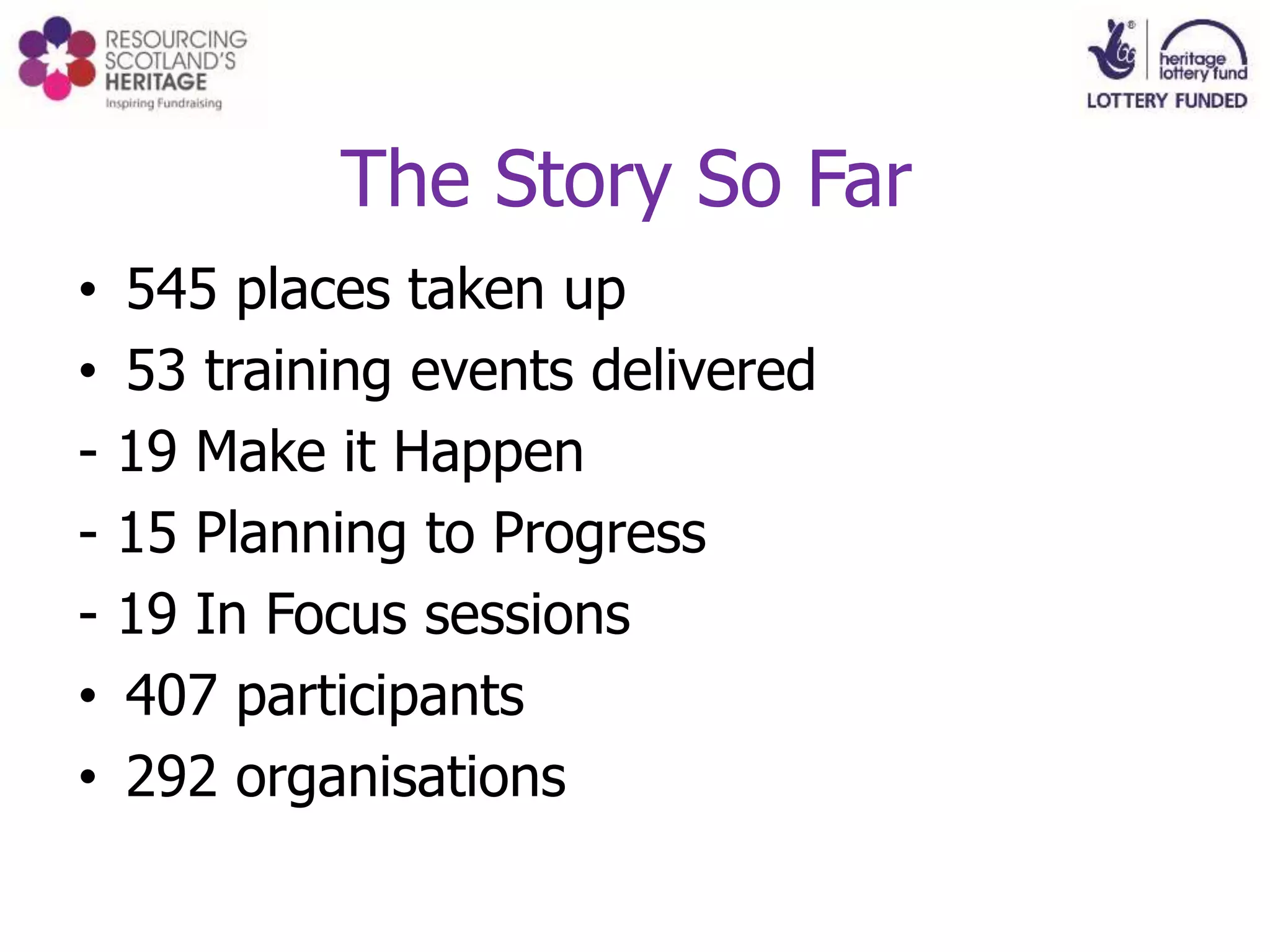 The Story So Far
• 545 places taken up
• 53 training events delivered
- 19 Make it Happen
- 15 Planning to Progress
- 19 In Focus sessions
• 407 participants
• 292 organisations
 