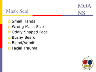 Mask Seal
 Small Hands
 Wrong Mask Size
 Oddly Shaped Face
 Bushy Beard
 Blood/Vomit
 Facial Trauma
MOA
NS
 