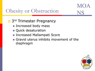 Obesity or Obstruction
 3rd Trimester Pregnancy
 Increased body mass
 Quick desaturation
 Increased Mallampati Score
 Gravid uterus inhibits movement of the
diaphragm
MOA
NS
 