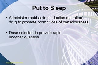 Put to Sleep Administer rapid acting induction (sedation) drug to promote prompt loss of consciousness Dose selected to provide rapid unconsciousness Copyright  © 2007 ENA 