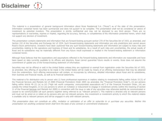 2
Disclaimer
This material is a presentation of general background information about Rossi Residencial S.A. (“Rossi”) as of the date of this presentation.
Information contained herein has been summarized and does not purport to be complete. This presentation shall not be considered an advice of
investment by potential investors. This presentation is strictly confidential and may not be disclosed to any third person. There are no
representations or warranties, express or implied, regarding the accuracy, fairness, or completeness of the information presented herein, which shall
not support any decision of investment.
This presentation contains statements and information that are forward-looking pursuant section 27A of the Securities Act of 1933, as amended, and
Section 21E of the Securities and Exchange Act of 1934. Such forward-looking statements and information are only predictions and cannot assure
Rossi’s future performance. Investors have been cautioned that any such forward-looking statements and information are subject to many risks and
uncertainties relating to the operations and business of Rossi and its subsidiaries. As a result of such risks and uncertainties, the actual results of
Rossi and its subsidiaries may be materially different from any future result expressed or implied in the forward-looking statement or information
contained herein.
Although Rossi believes that the expectations and assumptions reflected in the forward-looking statements and information are reasonable and have
been based on data currently available to its officers and directors, Rossi cannot guarantee future results or events. Rossi does not assume the
commitment of update any of the forward-looking statement of information.
Securities may not be offered or sold in the United States unlesss they are registered or exempt from registration under the Securities Act of 1933,
as amended. Any offering of securities to be made in the United States will be made by means of an offering memorandum that may be obtained
from the underwriters. Such offering memorandum will contain, or incorporate by reference, detailed information about Rossi and its subsidiaries,
their business and financial results, as well as its financial statements.
This material is for distribution only to person who (i) have professional experience in matters relating to investments falling within Article 19 (5) of
the Financial Services and Markets Act of 2000 (Financial Promotion) Order 2005 (as amended, the “Financial Promotion Order”), (ii) are persons
falling within Article 49 (2) (a) to (d) (“high net worth companies, unincorporated associations etc”) of the Financial Promotion Order, (iii) are
outside the United Kingdom, or (iv) are persons to whom an invitation or inducement to engage in investment activity (within the meaning of section
21 of the Financial Services and Markets Act 2000) in connection with the issue or sale of any securities may otherwise lawfully be communicated or
caused to be communicated (all such persons together being referred to as “relevant persons”). This material is directed only at relevant persons
and must not be acted on or relied on by persons who are not relevant persons. Any investment or investment activity to which this material relates
is available only to relevant persons and will be engaged in only with relevant persons.
This presentation does not constitute an offer, invitation or solicitation of an offer to subscribe to or purchase any securities. Neither this
presentation nor anything contained herein shall form the basis of any contract or commitment whatsoever.
 