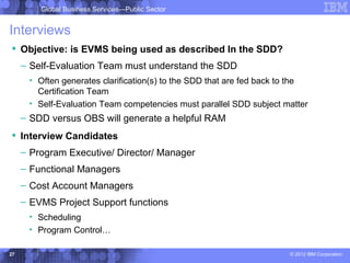Global Business Services—Public Sector


Interviews
 Objective: is EVMS being used as described In the SDD?
     – Self-Evaluation Team must understand the SDD
      • Often generates clarification(s) to the SDD that are fed back to the
        Certification Team
      • Self-Evaluation Team competencies must parallel SDD subject matter
     – SDD versus OBS will generate a helpful RAM
 Interview Candidates
     – Program Executive/ Director/ Manager
     – Functional Managers
     – Cost Account Managers
     – EVMS Project Support functions
      • Scheduling
      • Program Control…

27                                                                     © 2012 IBM Corporation
 