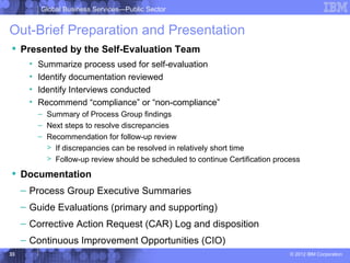Global Business Services—Public Sector


Out-Brief Preparation and Presentation
 Presented by the Self-Evaluation Team
      •   Summarize process used for self-evaluation
      •   Identify documentation reviewed
      •   Identify Interviews conducted
      •   Recommend “compliance” or “non-compliance”
          – Summary of Process Group findings
          – Next steps to resolve discrepancies
          – Recommendation for follow-up review
            > If discrepancies can be resolved in relatively short time
            > Follow-up review should be scheduled to continue Certification process
 Documentation
     – Process Group Executive Summaries
     – Guide Evaluations (primary and supporting)
     – Corrective Action Request (CAR) Log and disposition
     – Continuous Improvement Opportunities (CIO)
33                                                                               © 2012 IBM Corporation
 