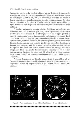 196	     Silva, G.F.; Penna, R.; Carneiro, L.C.C. (Org.)

Guarani, tal como o cedro (espécie arbórea) que sai de dentro da casa, sendo
associado aos mitos de criação do mundo e preferido para o uso nas estruturas
das construções (CADOGAN, 2003). A araucária, à esquerda, e o xaxim, à
direita, simbolizam a abundância dessas espécies nos ecossistemas florestais
da Mata Atlântica. Além disso, o desenho também mostra a diversidade de
águas (banhados, áreas alagadiças, cachoeiras etc.) que é a característica desse
ambiente.
      A aldeia é organizada segundo núcleos familiares que reúnem, nor-
malmente, uma família nuclear (pai, mãe, filhos e parentes diretos – avós
e netos) e os filhos casados. Há a liderança política do cacique, que tem o
papel de representante externo à comunidade, e a liderança religiosa do Karaí
, que tem o papel de conexão entre o mundo espiritual e o mundo físico.
Espacialmente, a aldeia é composta, basicamente, por três grandes áreas: áreas
de casas (oga), áreas de roça (kocuë), que formam os núcleos familiares, e
áreas de mata (ka-aguy), que são os lugares sagrados da floresta onde coletam
as espécies utilizadas com vários conhecimentos de manejo ambiental
apropriados (FREITAS, 2004). Buscam localizar esses núcleos em pequenas
clareiras dentro das áreas de mata, onde há solos férteis e clima apropria-
do ao plantio de espécies importantes culturalmente, como o milho sagrado
(avaxí ete).
      A Figura 2 apresenta um desenho esquemático de uma aldeia Mbyá-
Guarani em comparação a uma aldeia Bororo – povo indígena de outro tronco
linguístico (Tronco Jê), ao passo que os Mbyá-Guarani são do Tronco Tupi-
Guarani.




       Figura 2 – Padrões de desenho de uma aldeia Mbyá-Guarani e de uma aldeia Bororo.
 