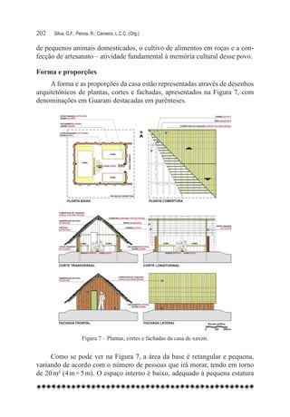 202	   Silva, G.F.; Penna, R.; Carneiro, L.C.C. (Org.)

de pequenos animais domesticados, o cultivo de alimentos em roças e a con-
fecção de artesanato – atividade fundamental à memória cultural desse povo.

Forma e proporções
     A forma e as proporções da casa estão representadas através de desenhos
arquitetônicos de plantas, cortes e fachadas, apresentados na Figura 7, com
denominações em Guarani destacadas em parênteses.




                      Figura 7 – Plantas, cortes e fachadas da casa de xaxim.


     Como se pode ver na Figura 7, a área da base é retangular e pequena,
variando de acordo com o número de pessoas que irá morar, tendo em torno
de 20 m² (4 m × 5 m). O espaço interno é baixo, adequado à pequena estatura
 