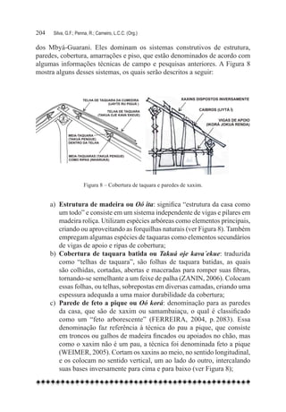 204	    Silva, G.F.; Penna, R.; Carneiro, L.C.C. (Org.)

dos Mbyá-Guarani. Eles dominam os sistemas construtivos de estrutura,
paredes, cobertura, amarrações e piso, que estão denominados de acordo com
algumas informações técnicas de campo e pesquisas anteriores. A Figura 8
mostra alguns desses sistemas, os quais serão descritos a seguir:




                        Figura 8 – Cobertura de taquara e paredes de xaxim.


       a)	 Estrutura de madeira ou Oó ita: significa “estrutura da casa como
           um todo” e consiste em um sistema independente de vigas e pilares em
           madeira roliça. Utilizam espécies arbóreas como elementos principais,
           criando ou aproveitando as forquilhas naturais (ver Figura 8). Também
           empregam algumas espécies de taquaras como elementos secundários
           de vigas de apoio e ripas de cobertura;
       b)	 Cobertura de taquara batida ou Takuá oje kava´ekue: traduzida
           como “telhas de taquara”, são folhas de taquara batidas, as quais
           são colhidas, cortadas, abertas e maceradas para romper suas fibras,
           tornando-se semelhante a um feixe de palha (ZANIN, 2006). Colocam
           essas folhas, ou telhas, sobrepostas em diversas camadas, criando uma
           espessura adequada a uma maior durabilidade da cobertura;
       c)	 Parede de feto a pique ou Oó korá: denominação para as paredes
           da casa, que são de xaxim ou samambaiaçu, o qual é classificado
           como um “feto arborescente” (FERREIRA, 2004, p. 2083). Essa
           denominação faz referência à técnica do pau a pique, que consiste
           em troncos ou galhos de madeira fincados ou apoiados no chão, mas
           como o xaxim não é um pau, a técnica foi denominada feto a pique
           (WEIMER, 2005). Cortam os xaxins ao meio, no sentido longitudinal,
           e os colocam no sentido vertical, um ao lado do outro, intercalando
           suas bases inversamente para cima e para baixo (ver Figura 8);
 