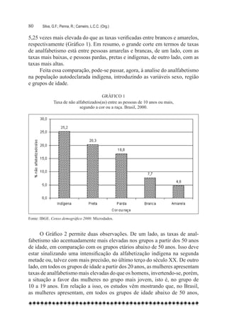 80	     Silva, G.F.; Penna, R.; Carneiro, L.C.C. (Org.)

5,25 vezes mais elevada do que as taxas verificadas entre brancos e amarelos,
respectivamente (Gráfico 1). Em resumo, o grande corte em termos de taxas
de analfabetismo está entre pessoas amarelas e brancas, de um lado, com as
taxas mais baixas, e pessoas pardas, pretas e indígenas, de outro lado, com as
taxas mais altas.
     Feita essa comparação, pode-se passar, agora, à analise do analfabetismo
na população autodeclarada indígena, introduzindo as variáveis sexo, região
e grupos de idade.

                                         Gráfico 1
               Taxa de não alfabetizados(as) entre as pessoas de 10 anos ou mais,
                             segundo a cor ou a raça. Brasil, 2000.




Fonte: IBGE. Censo demográfico 2000. Microdados.


      O Gráfico 2 permite duas observações. De um lado, as taxas de anal-
fabetismo são acentuadamente mais elevadas nos grupos a partir dos 50 anos
de idade, em comparação com os grupos etários abaixo de 50 anos. Isso deve
estar sinalizando uma intensificação da alfabetização indígena na segunda
metade ou, talvez com mais precisão, no último terço do século XX. De outro
lado, em todos os grupos de idade a partir dos 20 anos, as mulheres apresentam
taxas de analfabetismo mais elevadas do que os homens, invertendo-se, porém,
a situação a favor das mulheres no grupo mais jovem, isto é, no grupo de
10 a 19 anos. Em relação a isso, os estudos vêm mostrando que, no Brasil,
as mulheres apresentam, em todos os grupos de idade abaixo de 50 anos,
 