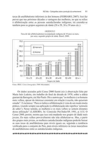 RS Índio – Cartografias sobre a produção do conhecimento	   81

taxas de analfabetismo inferiores às dos homens (FERRARO, 2007). Isso faz
prever que nas próximas décadas a vantagem das mulheres, no que se refere
à alfabetização entre as pessoas autodeclaradas indígenas, irá estender-se
também para os grupos seguintes de idade (20 a 29, 30 a 39 anos etc.).

                                        Gráfico 2
          Taxa de não alfabetizados(as) na população indígena de 10 anos ou mais,
                     por sexo, segundo grupos de idade. Brasil, 2000.




Fonte: IBGE. Censo demográfico 2000. Microdados.



      Os dados acusados pelo Censo 2000 fazem eco à observação feita por
Maria Inês Ladeira, em trabalho do final da década de 1970, sobre a aldeia
guarani da Barragem, em São Paulo. Diz a autora que “as mulheres e os homens
mais velhos, apesar do interesse constante em relação à escola, não quiseram
estudar”. E esclarece: “Para os índios a alfabetização é vista de um modo muito
prático, visando sempre sua aplicação (a alfabetização não significa ‘acúmulo
de saber’). Nesse sentido, as mulheres e os mais velhos se sentem distantes
dessa utilização” (LADEIRA. In: Comissão Pró-Índio/SP, 1981, p. 113). O
Censo 2000, porém, mostra que isso está mudando nos grupos de idade mais
jovens. Os mais velhos provavelmente não irão alfabetizar-se. Mas, a partir
dos grupos mais jovens, as mulheres autodeclaradas indígenas poderão baixar
as suas taxas de analfabetismo para níveis iguais ou, seguindo a tendência
verificada para o conjunto do País, para níveis inferiores às taxas masculinas
de analfabetismo entre os autodeclarados indígenas.
 