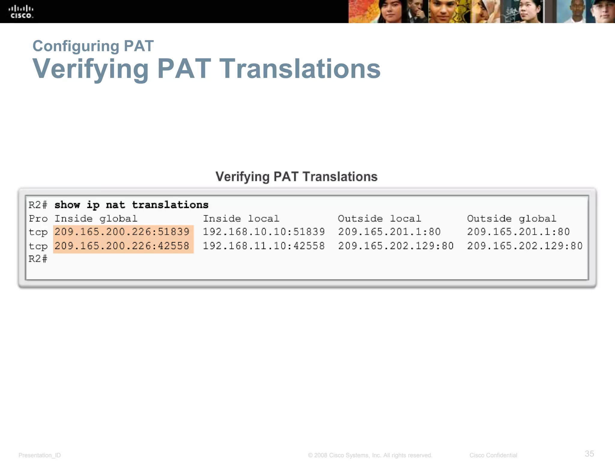 Presentation_ID 35© 2008 Cisco Systems, Inc. All rights reserved. Cisco Confidential
Configuring PAT
Verifying PAT Translations
 