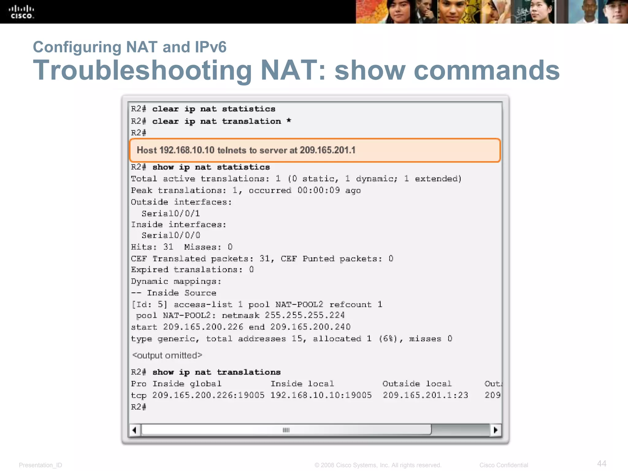 Presentation_ID 44© 2008 Cisco Systems, Inc. All rights reserved. Cisco Confidential
Configuring NAT and IPv6
Troubleshooting NAT: show commands
 