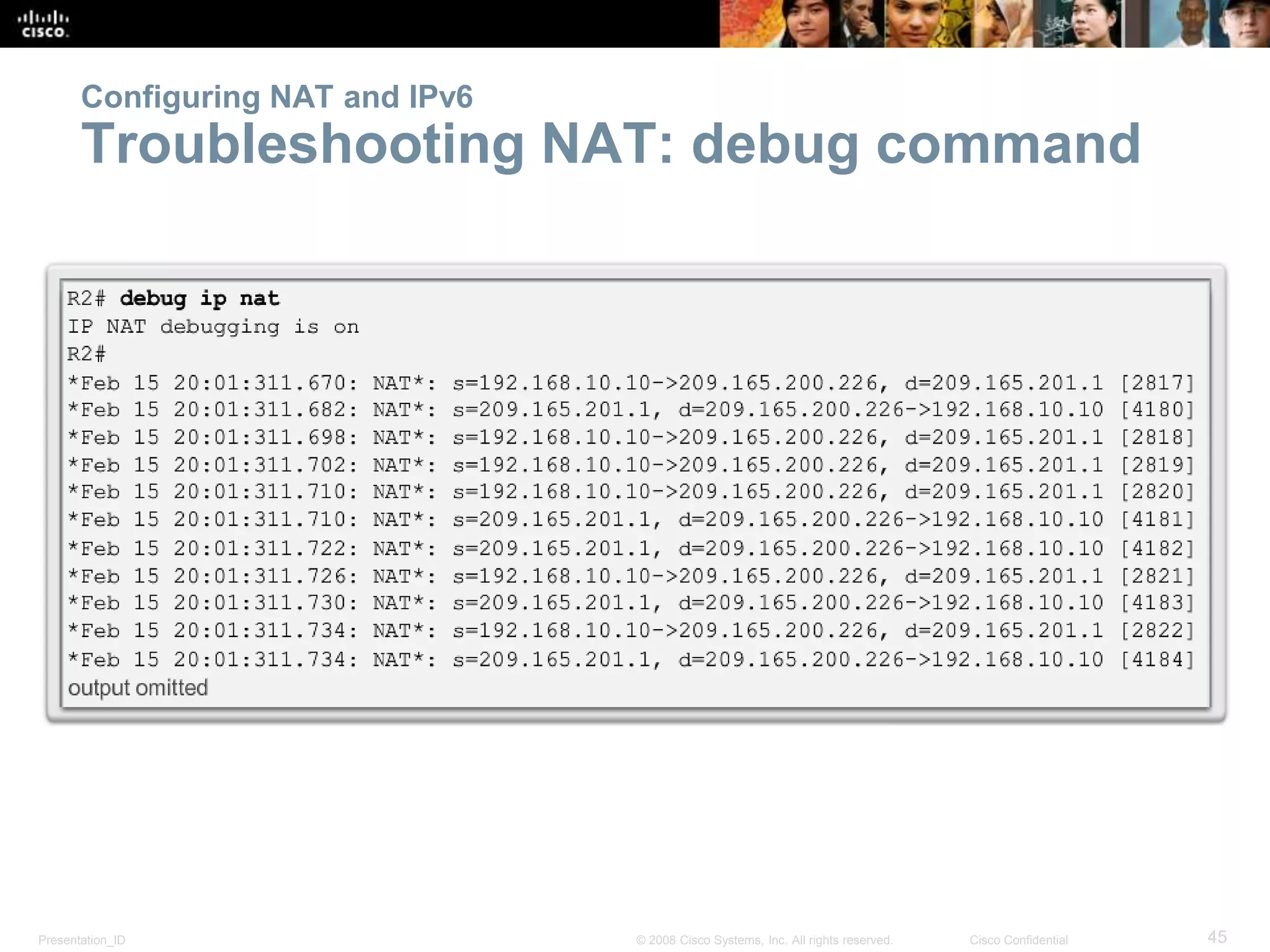 Presentation_ID 45© 2008 Cisco Systems, Inc. All rights reserved. Cisco Confidential
Configuring NAT and IPv6
Troubleshooting NAT: debug command
 