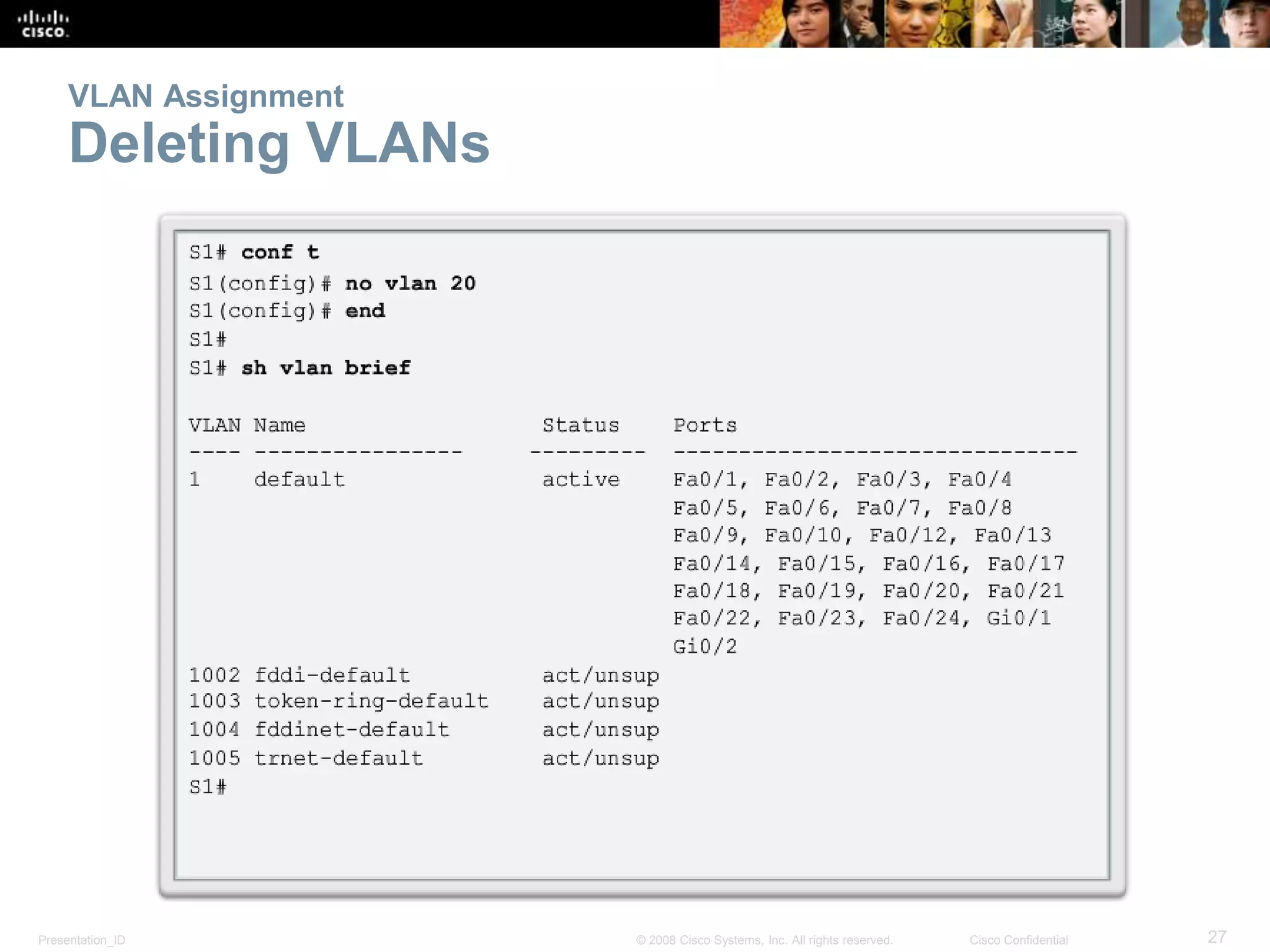 VLAN Assignment 
Deleting VLANs 
Presentation_ID © 2008 Cisco Systems, Inc. All rights reserved. Cisco Confidential 27 
 