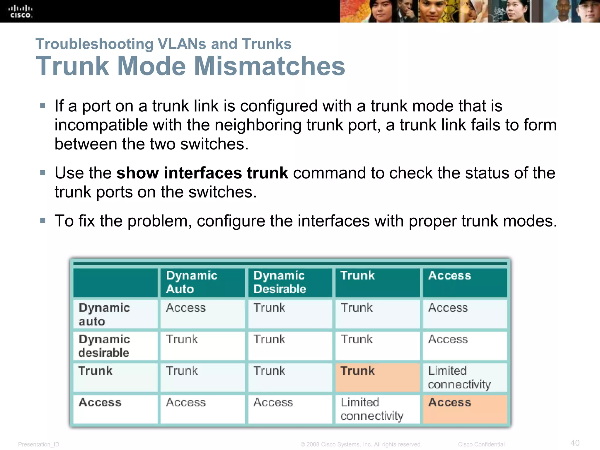 Troubleshooting VLANs and Trunks 
Trunk Mode Mismatches 
 If a port on a trunk link is configured with a trunk mode that is 
incompatible with the neighboring trunk port, a trunk link fails to form 
between the two switches. 
 Use the show interfaces trunk command to check the status of the 
trunk ports on the switches. 
 To fix the problem, configure the interfaces with proper trunk modes. 
Presentation_ID © 2008 Cisco Systems, Inc. All rights reserved. Cisco Confidential 40 
 