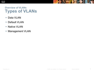 Overview of VLANs 
Types of VLANs 
 Data VLAN 
 Default VLAN 
 Native VLAN 
 Management VLAN 
Presentation_ID © 2008 Cisco Systems, Inc. All rights reserved. Cisco Confidential 8 
 