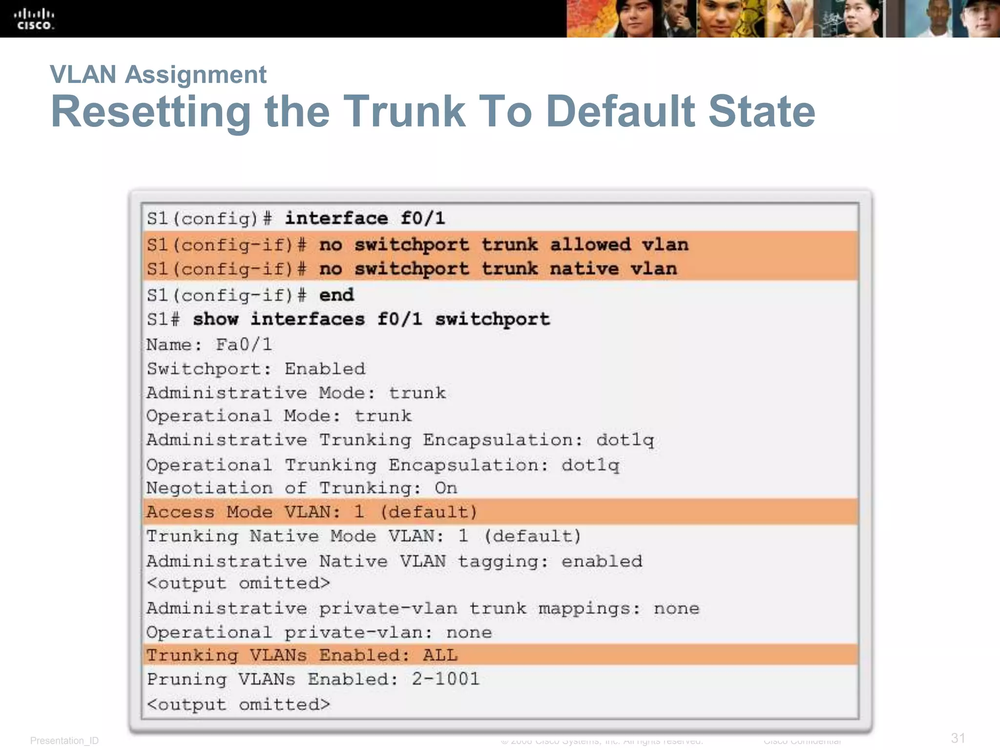 Presentation_ID 31© 2008 Cisco Systems, Inc. All rights reserved. Cisco Confidential
VLAN Assignment
Resetting the Trunk To Default State
 