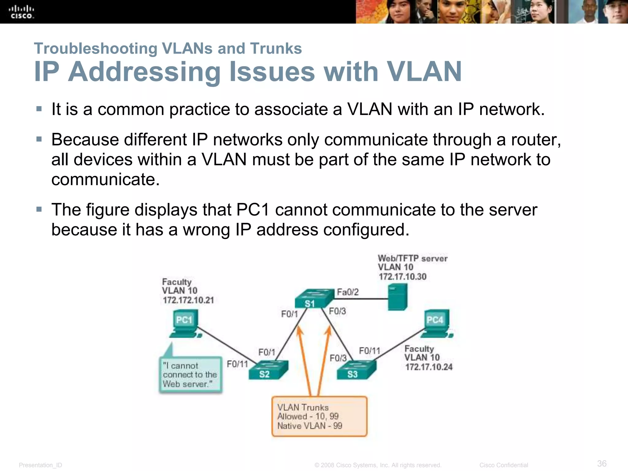 Presentation_ID 36© 2008 Cisco Systems, Inc. All rights reserved. Cisco Confidential
Troubleshooting VLANs and Trunks
IP Addressing Issues with VLAN
 It is a common practice to associate a VLAN with an IP network.
 Because different IP networks only communicate through a router,
all devices within a VLAN must be part of the same IP network to
communicate.
 The figure displays that PC1 cannot communicate to the server
because it has a wrong IP address configured.
 