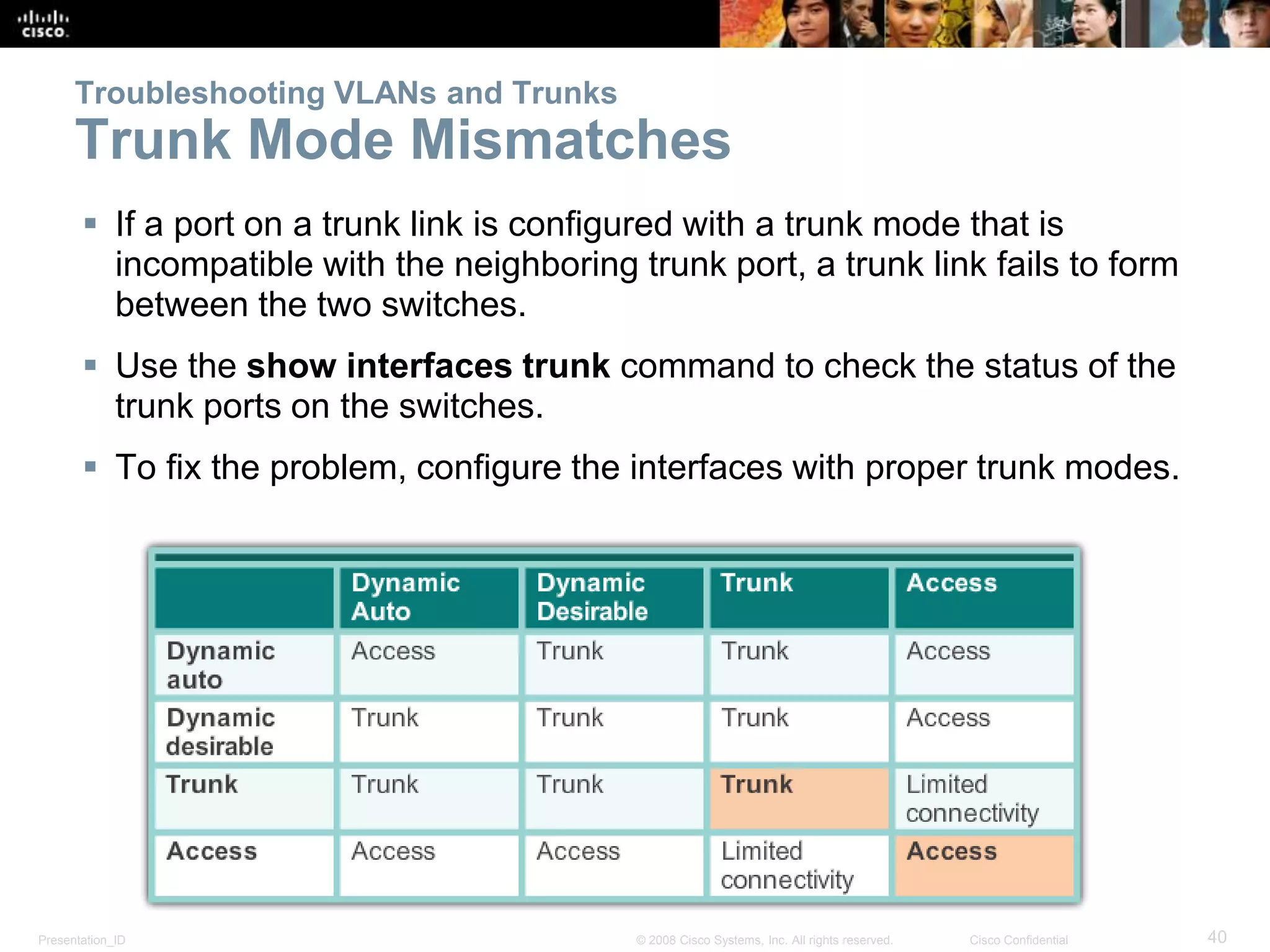 Presentation_ID 40© 2008 Cisco Systems, Inc. All rights reserved. Cisco Confidential
Troubleshooting VLANs and Trunks
Trunk Mode Mismatches
 If a port on a trunk link is configured with a trunk mode that is
incompatible with the neighboring trunk port, a trunk link fails to form
between the two switches.
 Use the show interfaces trunk command to check the status of the
trunk ports on the switches.
 To fix the problem, configure the interfaces with proper trunk modes.
 