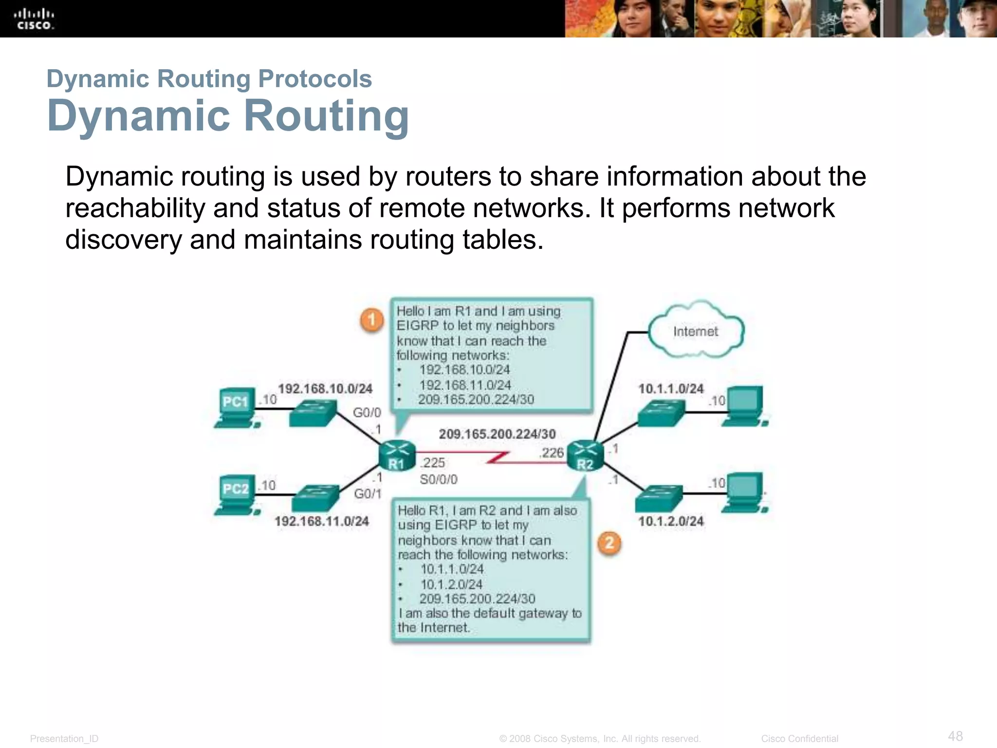 Presentation_ID 48© 2008 Cisco Systems, Inc. All rights reserved. Cisco Confidential
Dynamic Routing Protocols
Dynamic Routing
Dynamic routing is used by routers to share information about the
reachability and status of remote networks. It performs network
discovery and maintains routing tables.
 