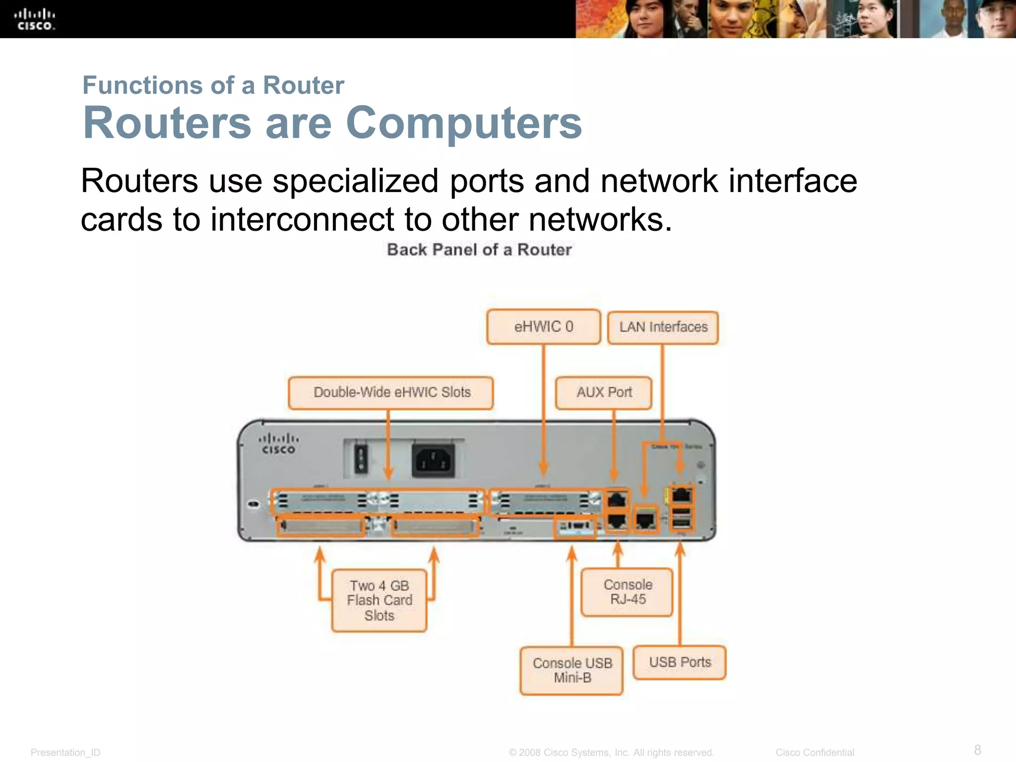 Presentation_ID 8© 2008 Cisco Systems, Inc. All rights reserved. Cisco Confidential
Routers use specialized ports and network interface
cards to interconnect to other networks.
Functions of a Router
Routers are Computers
 