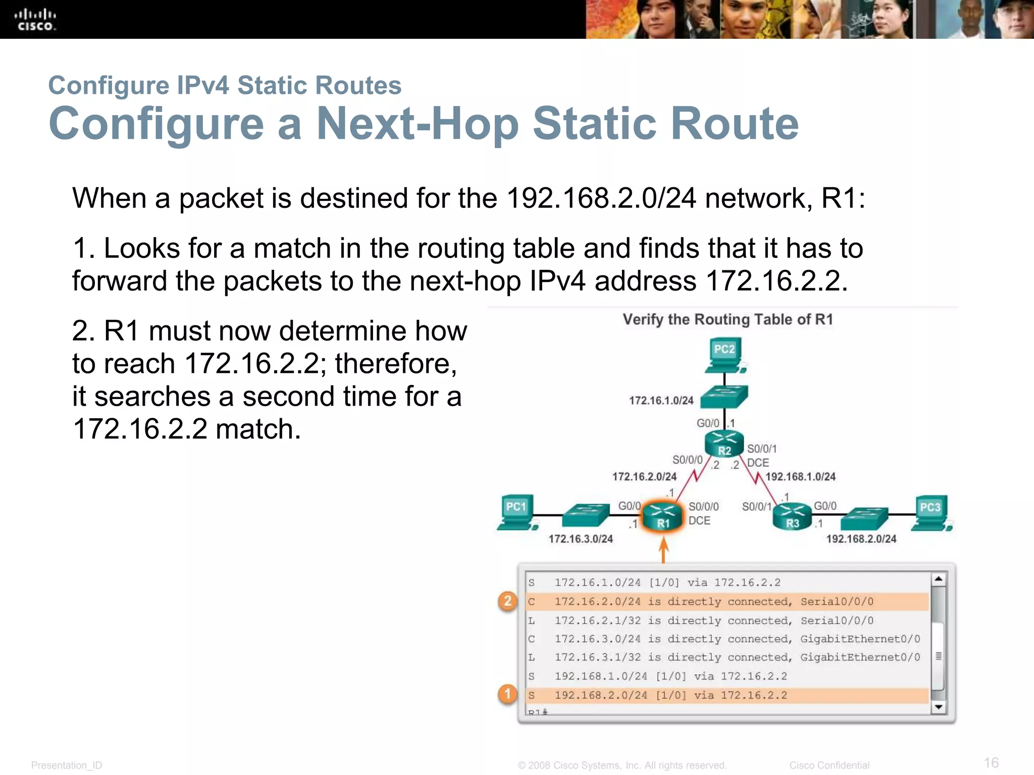 Configure IPv4 Static Routes 
Configure a Next-Hop Static Route 
When a packet is destined for the 192.168.2.0/24 network, R1: 
1. Looks for a match in the routing table and finds that it has to 
forward the packets to the next-hop IPv4 address 172.16.2.2. 
2. R1 must now determine how 
to reach 172.16.2.2; therefore, 
it searches a second time for a 
172.16.2.2 match. 
Presentation_ID © 2008 Cisco Systems, Inc. All rights reserved. Cisco Confidential 16 
 