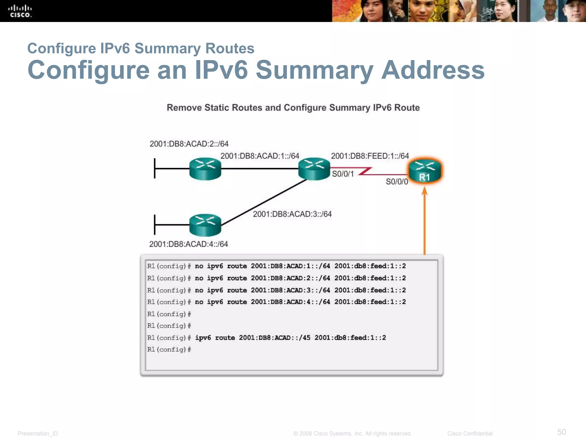Configure IPv6 Summary Routes 
Configure an IPv6 Summary Address 
Presentation_ID © 2008 Cisco Systems, Inc. All rights reserved. Cisco Confidential 50 
 