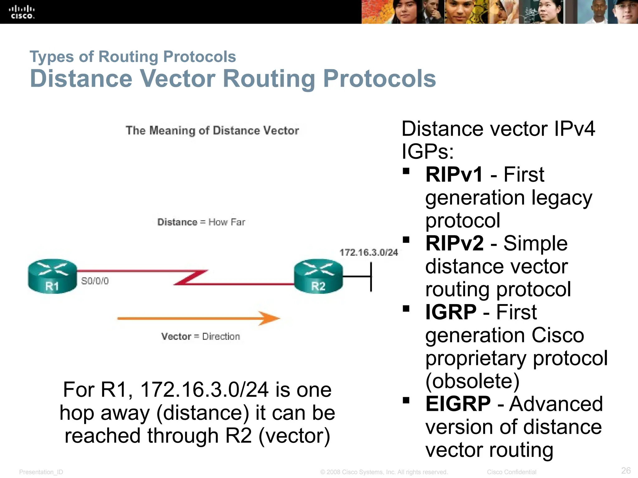 Presentation_ID 26
© 2008 Cisco Systems, Inc. All rights reserved. Cisco Confidential
Types of Routing Protocols
Distance Vector Routing Protocols
Distance vector IPv4
IGPs:
 RIPv1 - First
generation legacy
protocol
 RIPv2 - Simple
distance vector
routing protocol
 IGRP - First
generation Cisco
proprietary protocol
(obsolete)
 EIGRP - Advanced
version of distance
vector routing
For R1, 172.16.3.0/24 is one
hop away (distance) it can be
reached through R2 (vector)
 