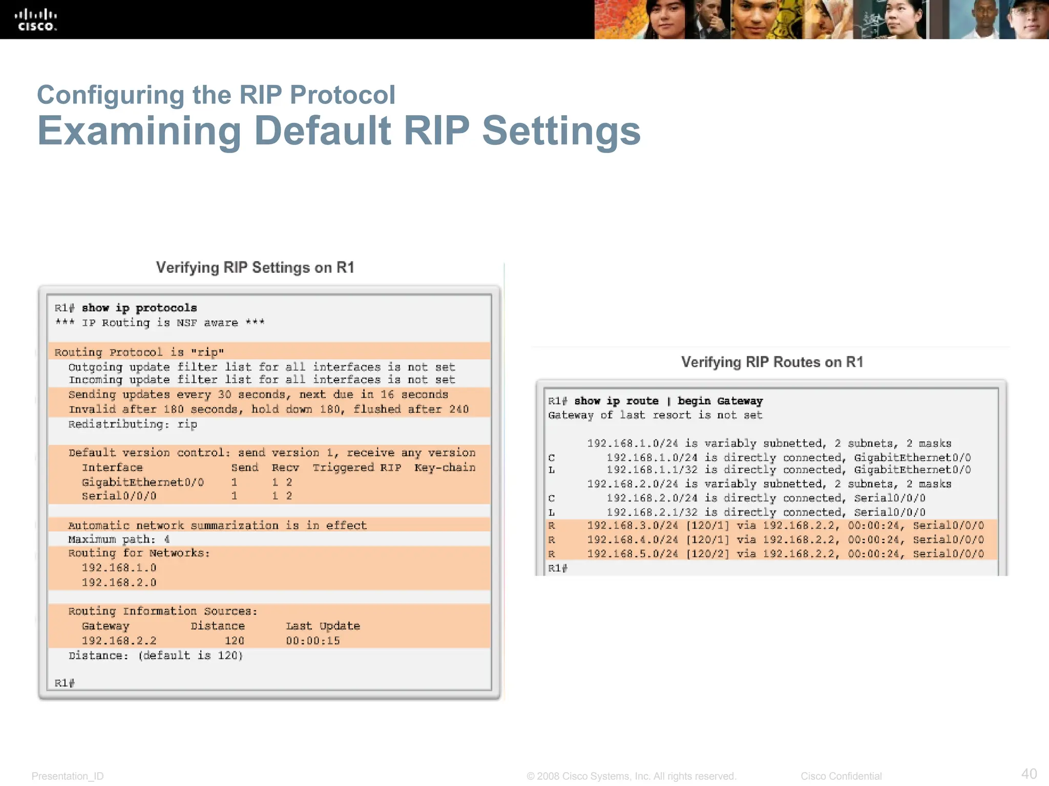 Presentation_ID 40
© 2008 Cisco Systems, Inc. All rights reserved. Cisco Confidential
Configuring the RIP Protocol
Examining Default RIP Settings
 