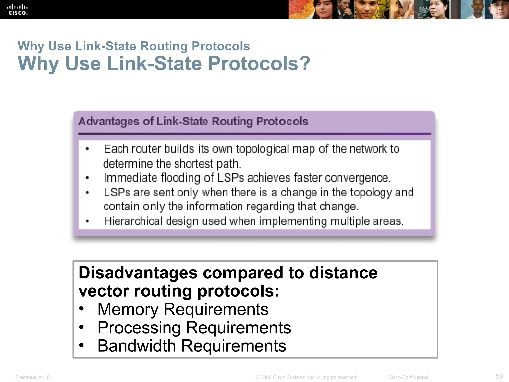 Presentation_ID 59
© 2008 Cisco Systems, Inc. All rights reserved. Cisco Confidential
Why Use Link-State Routing Protocols
Why Use Link-State Protocols?
Disadvantages compared to distance
vector routing protocols:
• Memory Requirements
• Processing Requirements
• Bandwidth Requirements
 