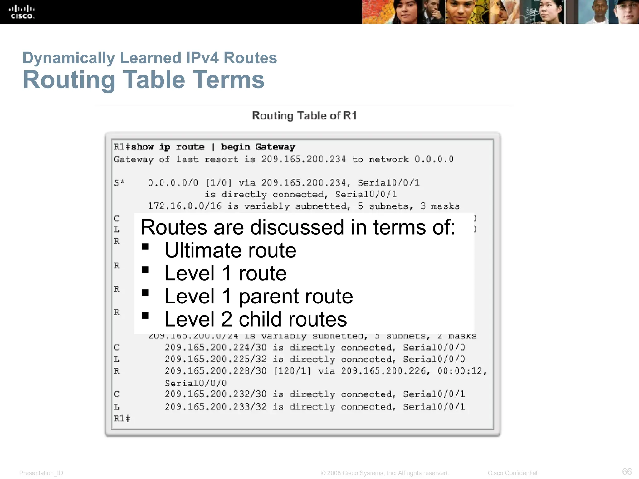 Presentation_ID 66
© 2008 Cisco Systems, Inc. All rights reserved. Cisco Confidential
Dynamically Learned IPv4 Routes
Routing Table Terms
Routes are discussed in terms of:
 Ultimate route
 Level 1 route
 Level 1 parent route
 Level 2 child routes
 