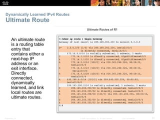 Dynamically Learned IPv4 Routes 
Ultimate Route 
An ultimate route 
is a routing table 
entry that 
contains either a 
next-hop IP 
address or an 
exit interface. 
Directly 
connected, 
dynamically 
learned, and link 
local routes are 
ultimate routes. 
Presentation_ID © 2008 Cisco Systems, Inc. All rights reserved. Cisco Confidential 64 
 
