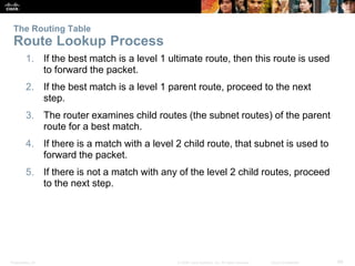 The Routing Table 
Route Lookup Process 
1. If the best match is a level 1 ultimate route, then this route is used 
to forward the packet. 
2. If the best match is a level 1 parent route, proceed to the next 
step. 
3. The router examines child routes (the subnet routes) of the parent 
route for a best match. 
4. If there is a match with a level 2 child route, that subnet is used to 
forward the packet. 
5. If there is not a match with any of the level 2 child routes, proceed 
to the next step. 
Presentation_ID © 2008 Cisco Systems, Inc. All rights reserved. Cisco Confidential 68 
 