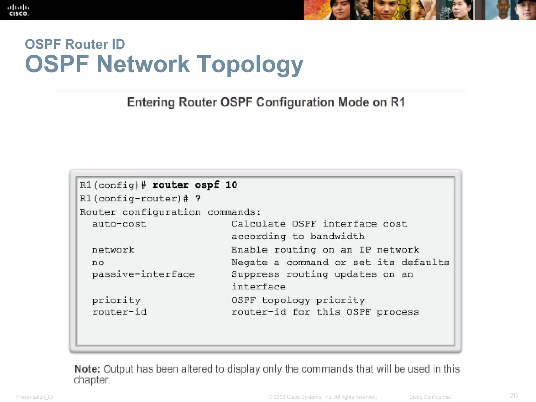OSPF Router ID 
OSPF Network Topology 
Presentation_ID © 2008 Cisco Systems, Inc. All rights reserved. Cisco Confidential 26 
 