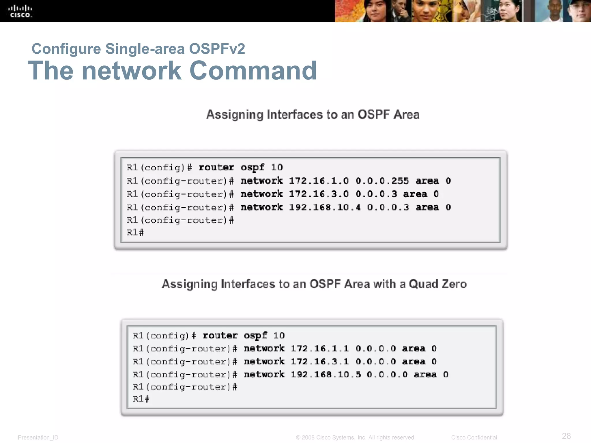 Configure Single-area OSPFv2 
The network Command 
Presentation_ID © 2008 Cisco Systems, Inc. All rights reserved. Cisco Confidential 28 
 